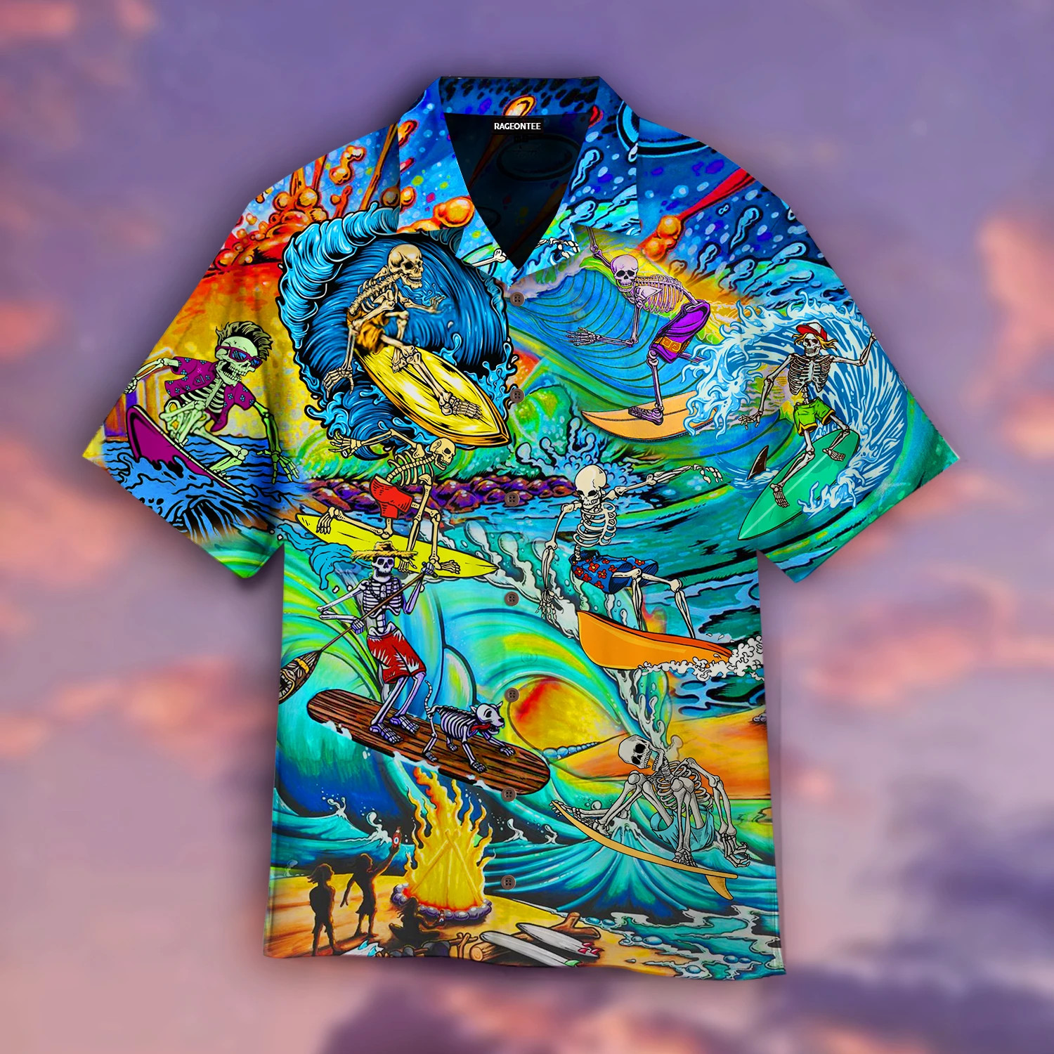 Skull Skeleton Surfing On The Beach Hawaiian Shirt