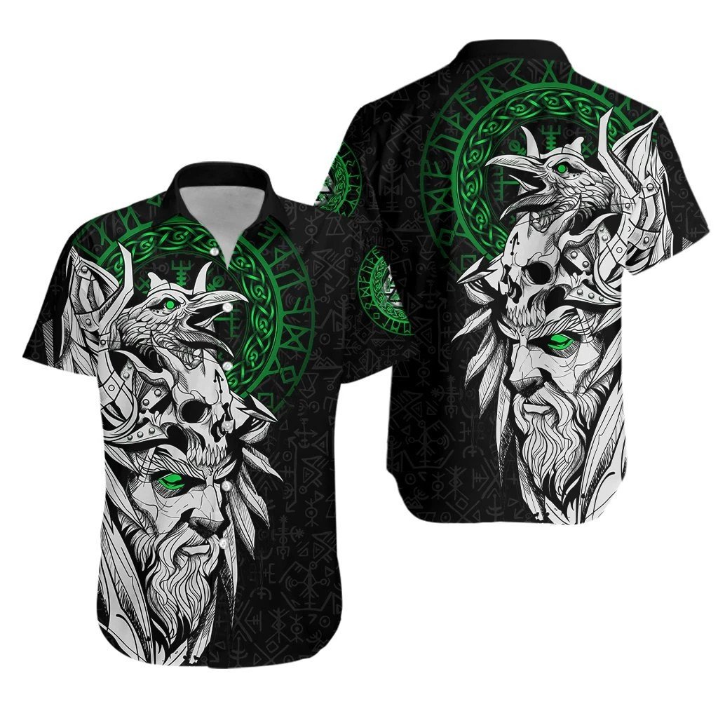 Viking Odin And Raven Green Hawaiian Shirt