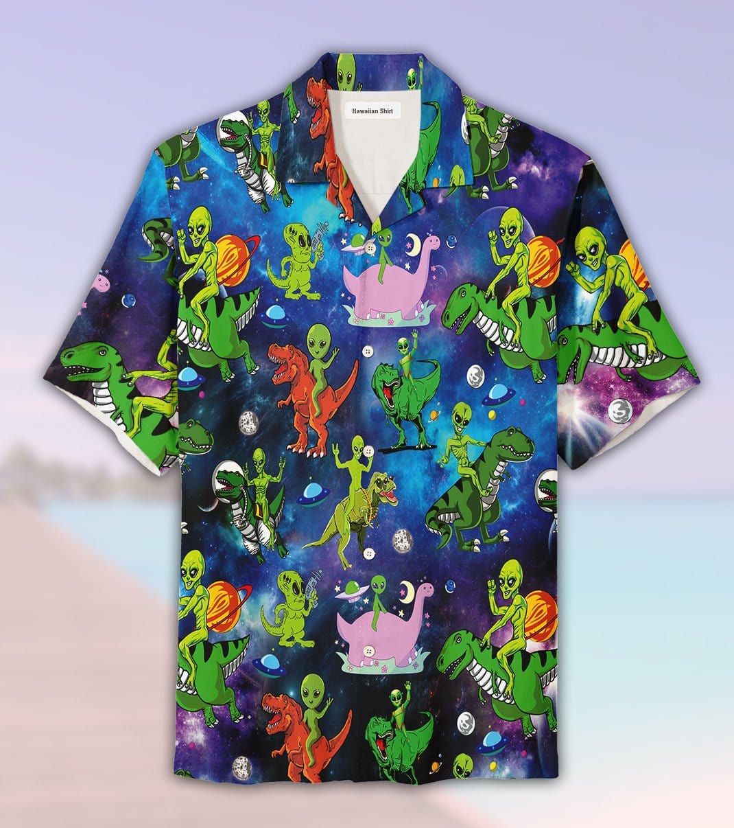 Alien Riding Dinosaur T-Rex Hawaiian Shirt