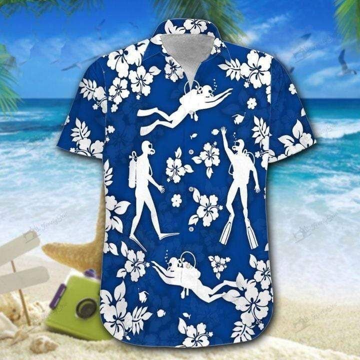 Blue Scuba Diving Hibiscus Hawaiian Shirt