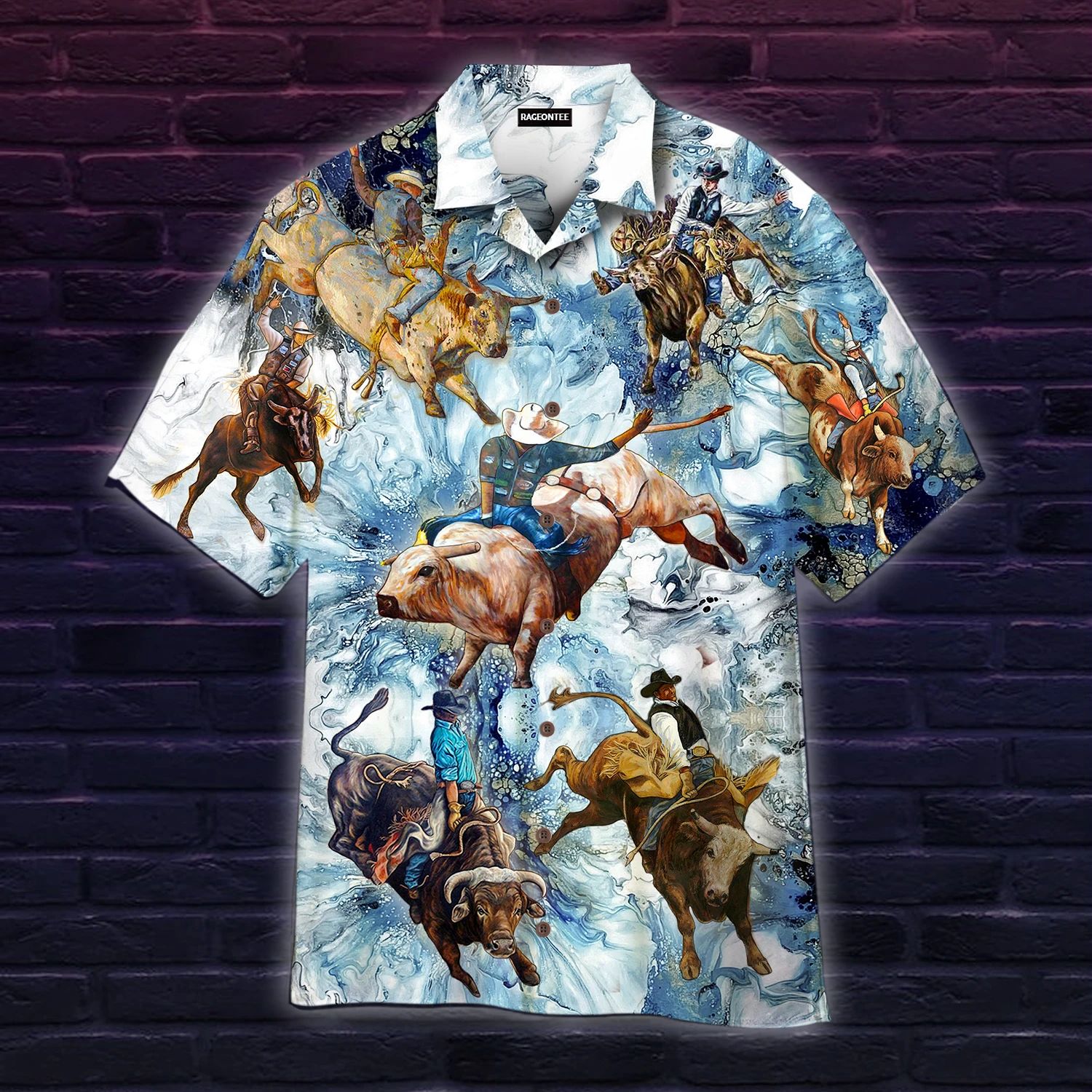 Bull Riding On Blue Hibiscus Flower Hawaiian Shirt