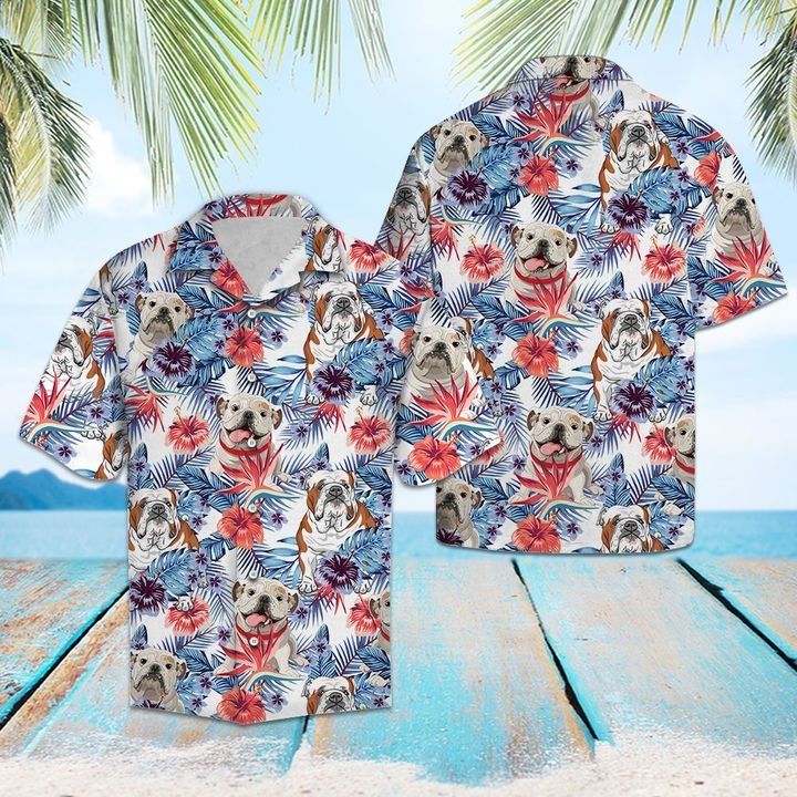 Bulldog Hibiscus Flower Hawaiian Shirt