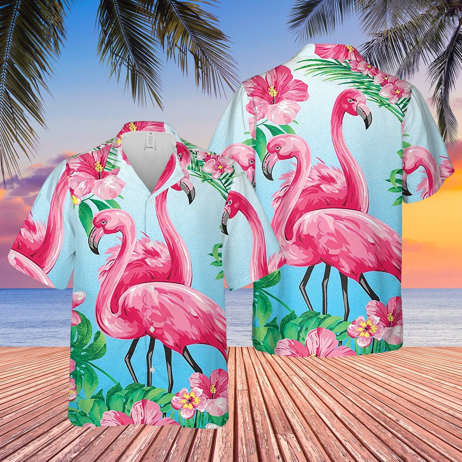 Couple Flamingo Tropical Pink Blue Unisex Hawaiian Shirts