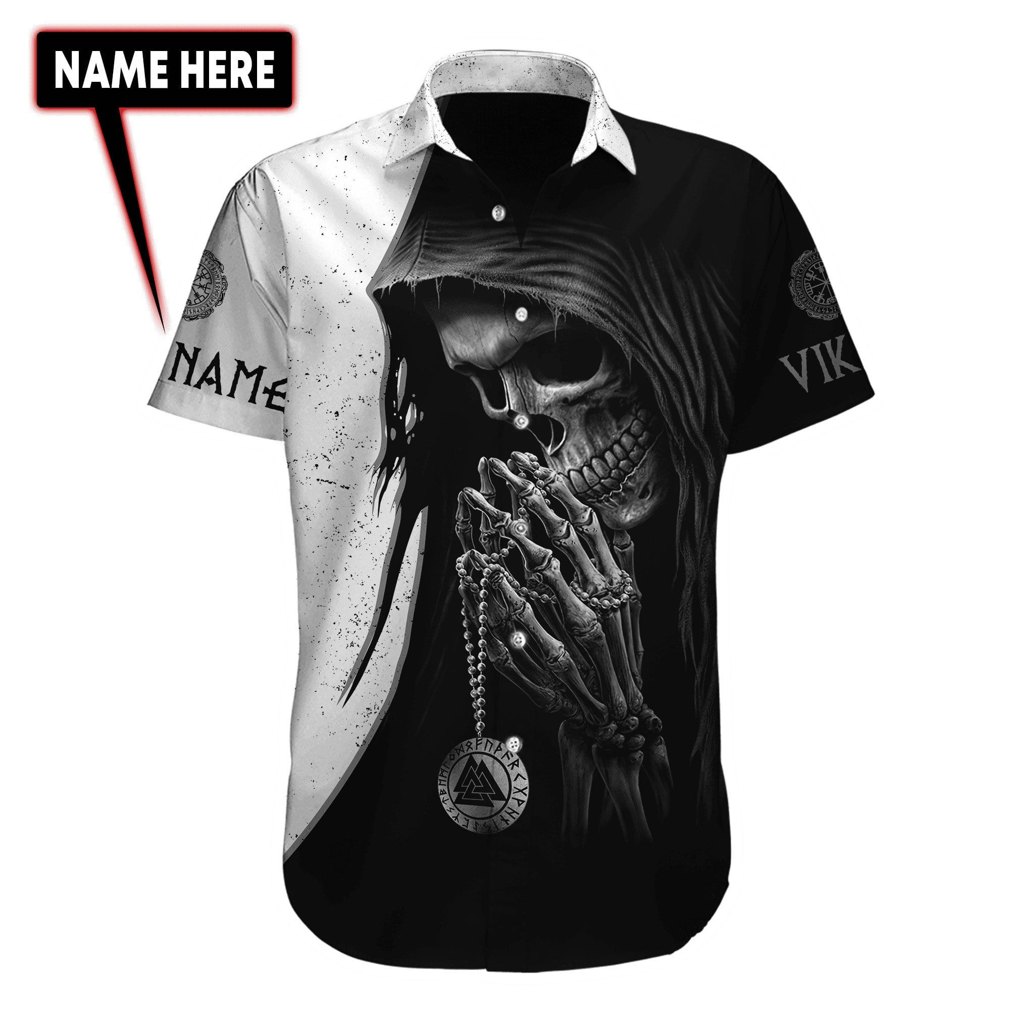 Custom Name Black White Viking Skull Unisex Hawaiian Shirts