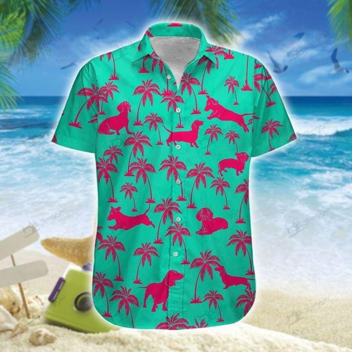 Cute Dachshund Green Pink Unisex Hawaiian Shirts