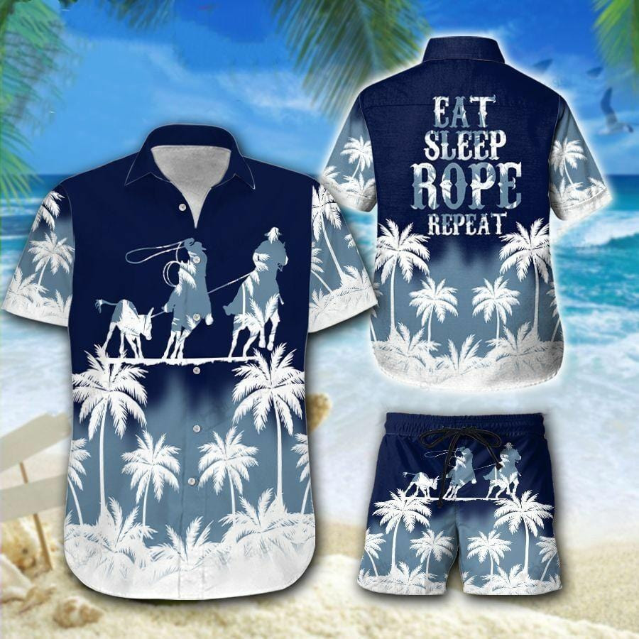 Hawaiian Aloha Shirts - Beach Shorts Team Roping Eat Sleep Rope