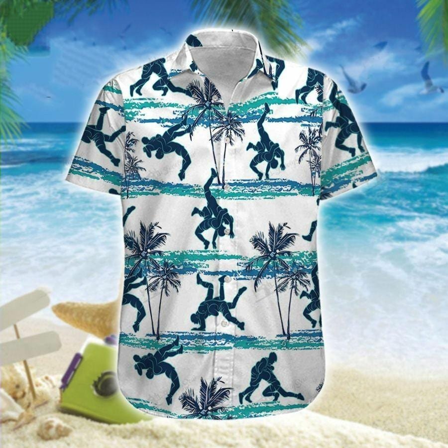 Hawaiian Aloha Shirts Wrestling White Palm