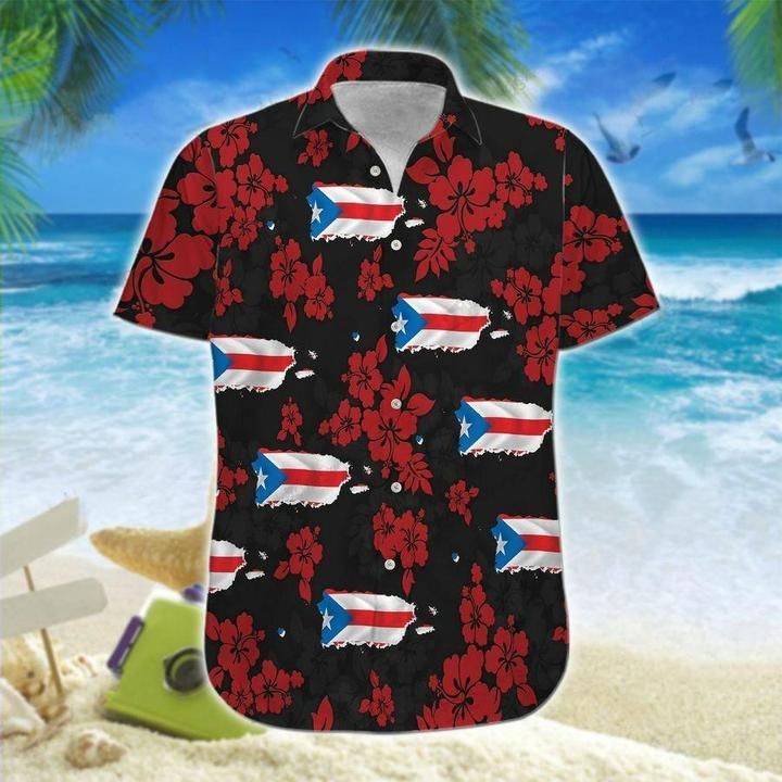 Puerto Rico Map Flowers Hawaiian Shirt