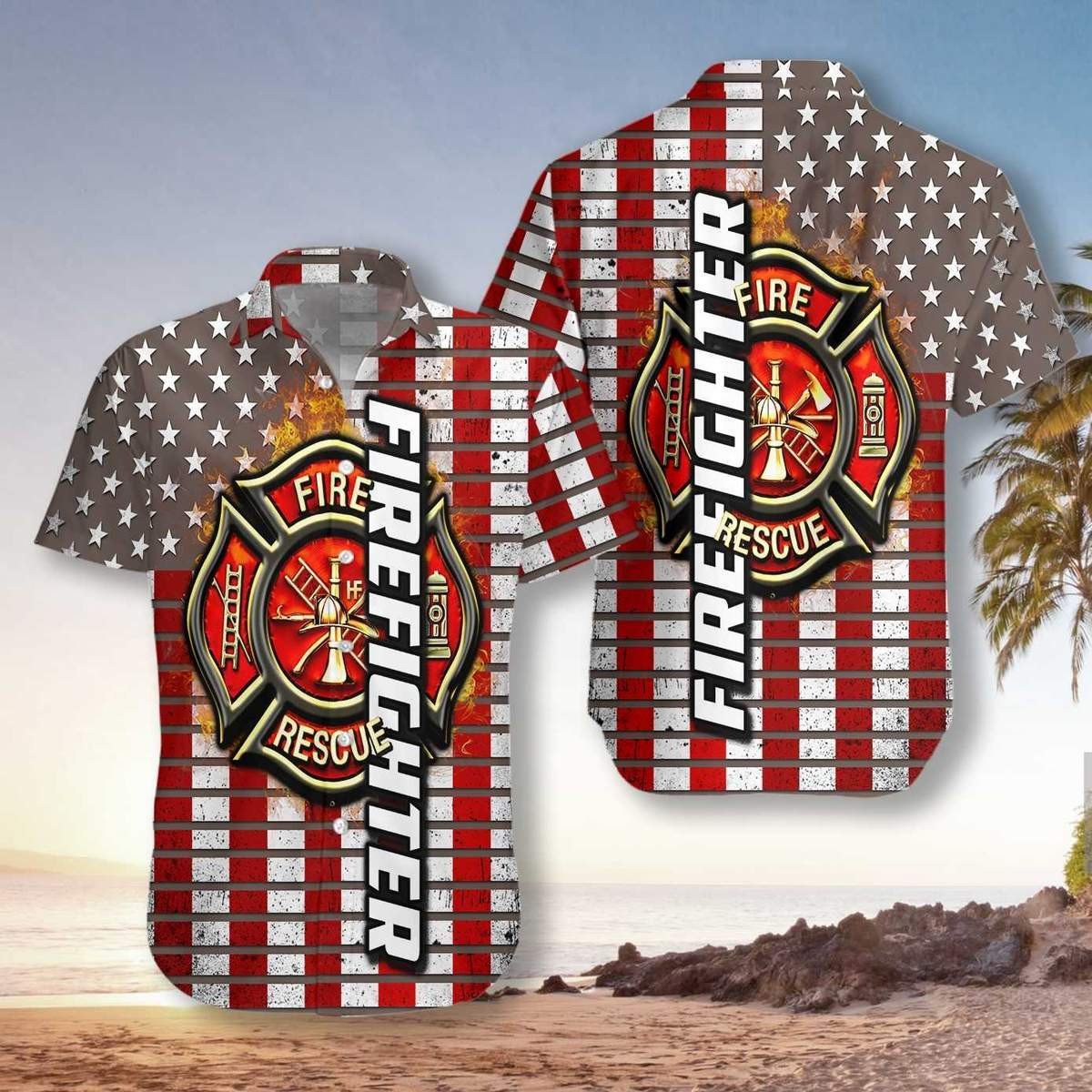 Red Flag Firefighter Hawaiian Aloha Shirts