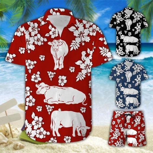 Simple Cattle Hibiscus Red Black Blue Unisex Hawaiian Shirts