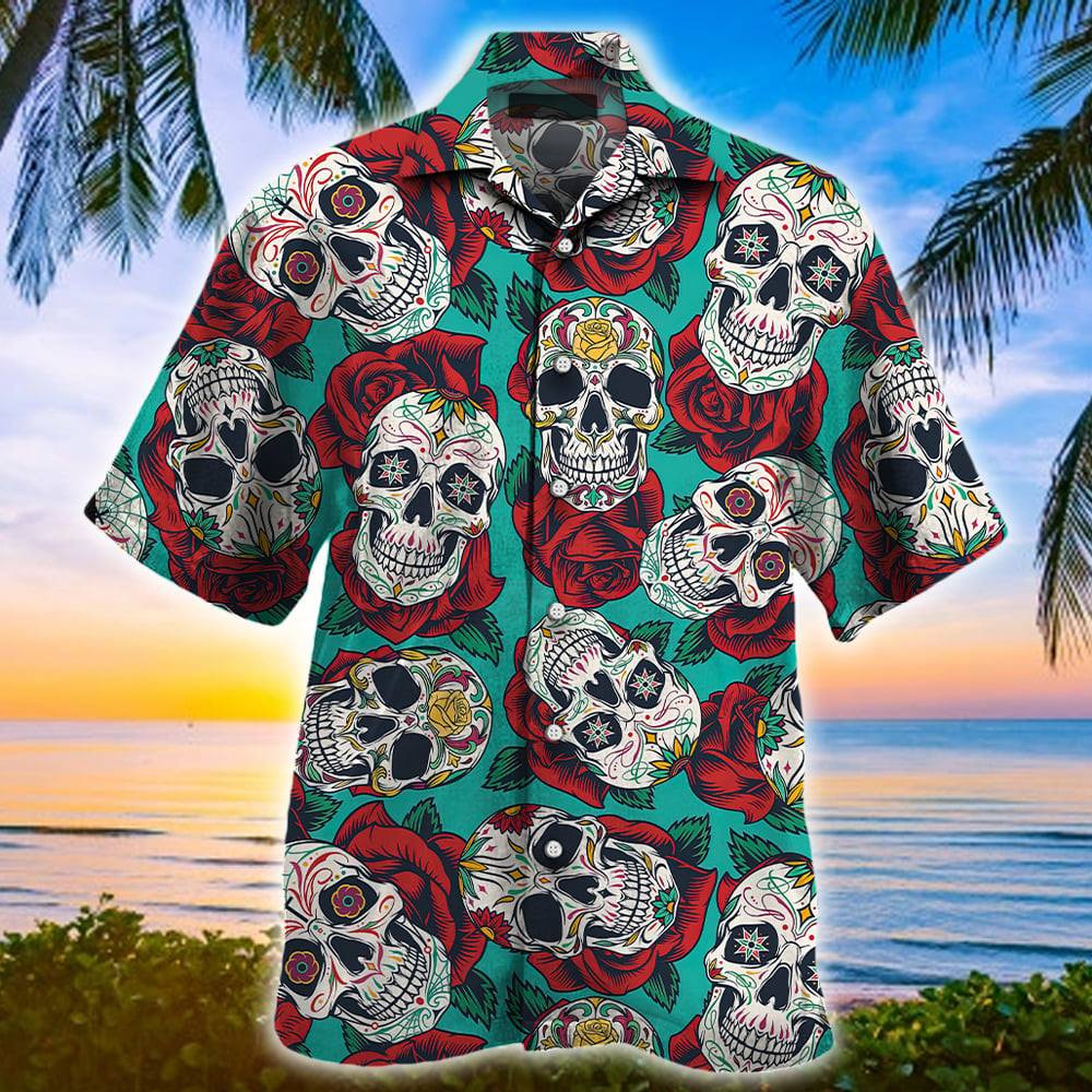 Sugar Skull With Rose Pattern Hawaiian Shirts