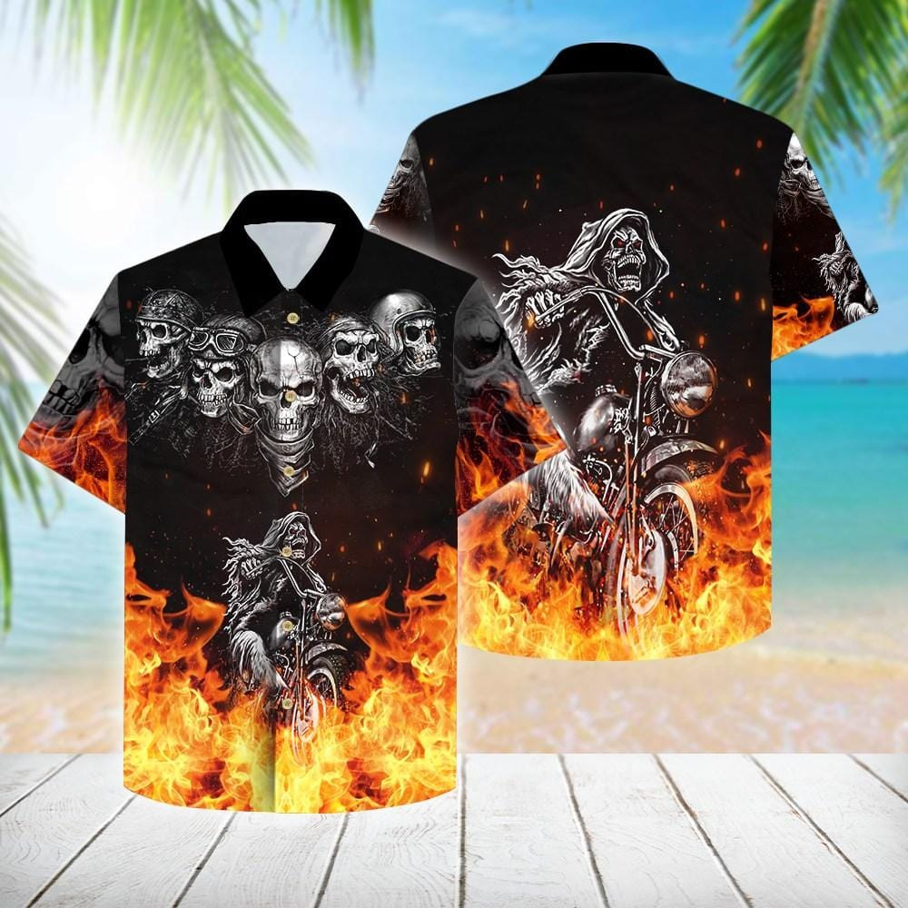 Grim Reaper Riding Motorcycles Flame Skull Hawaiian Aloha Shirts