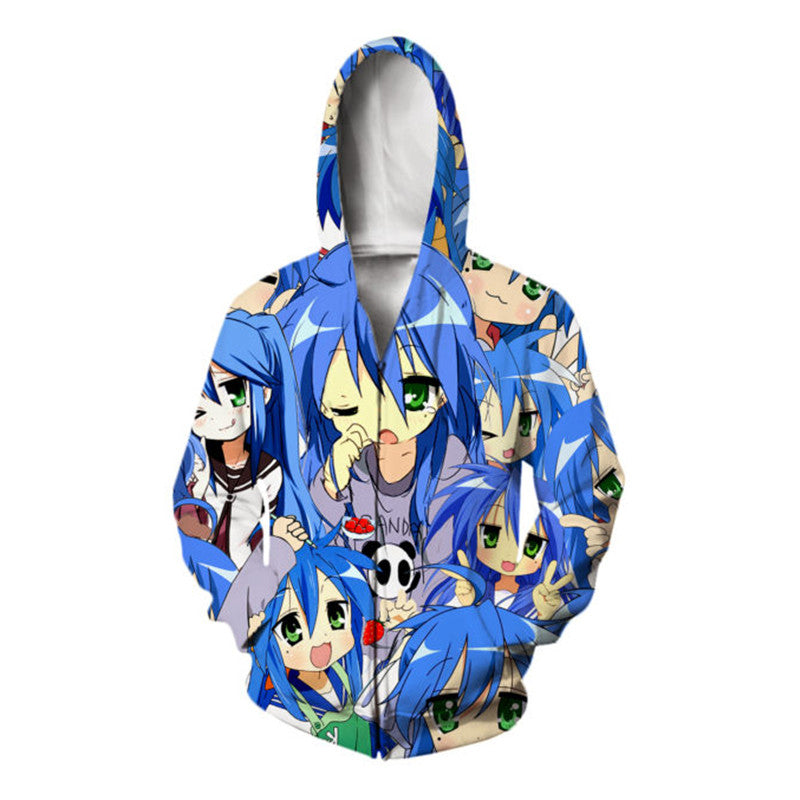 Anime Lucky Star Hoodies Blue Sweatshirts Couple Fans Casual Long Sleeve Zip Up Streetwear Top