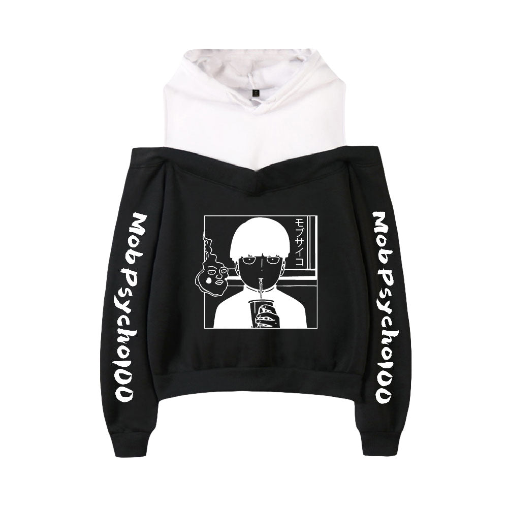 Anime Mob Psycho 100 Print Off Shoulder Hoodie Sweatshirts