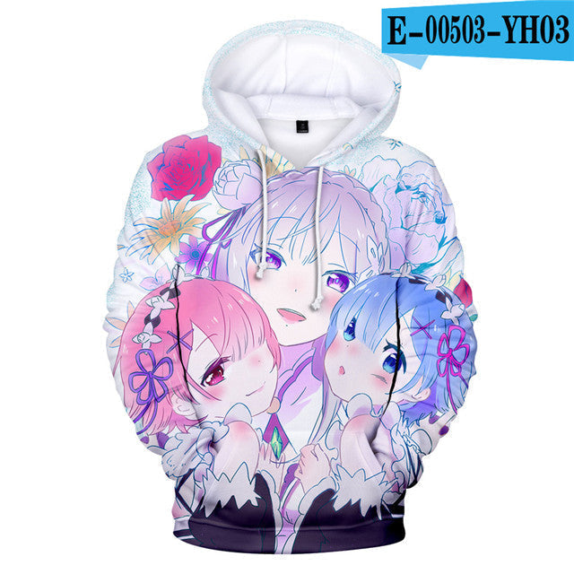 Anime ReZero Starting Life in Another World Rem & Ram & Emilia Print Pullover Oversized Hoodies