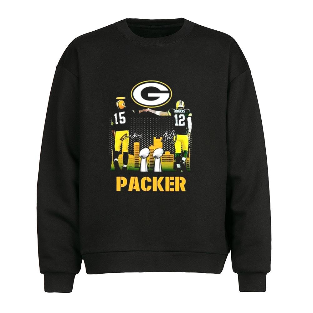 Bart Starr Aaron Rodgers Signature Green Bay Packers Super Bowl T-Shirt
