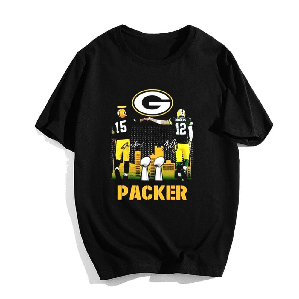 Bart Starr Aaron Rodgers Signature Green Bay Packers Super Bowl T-Shirt