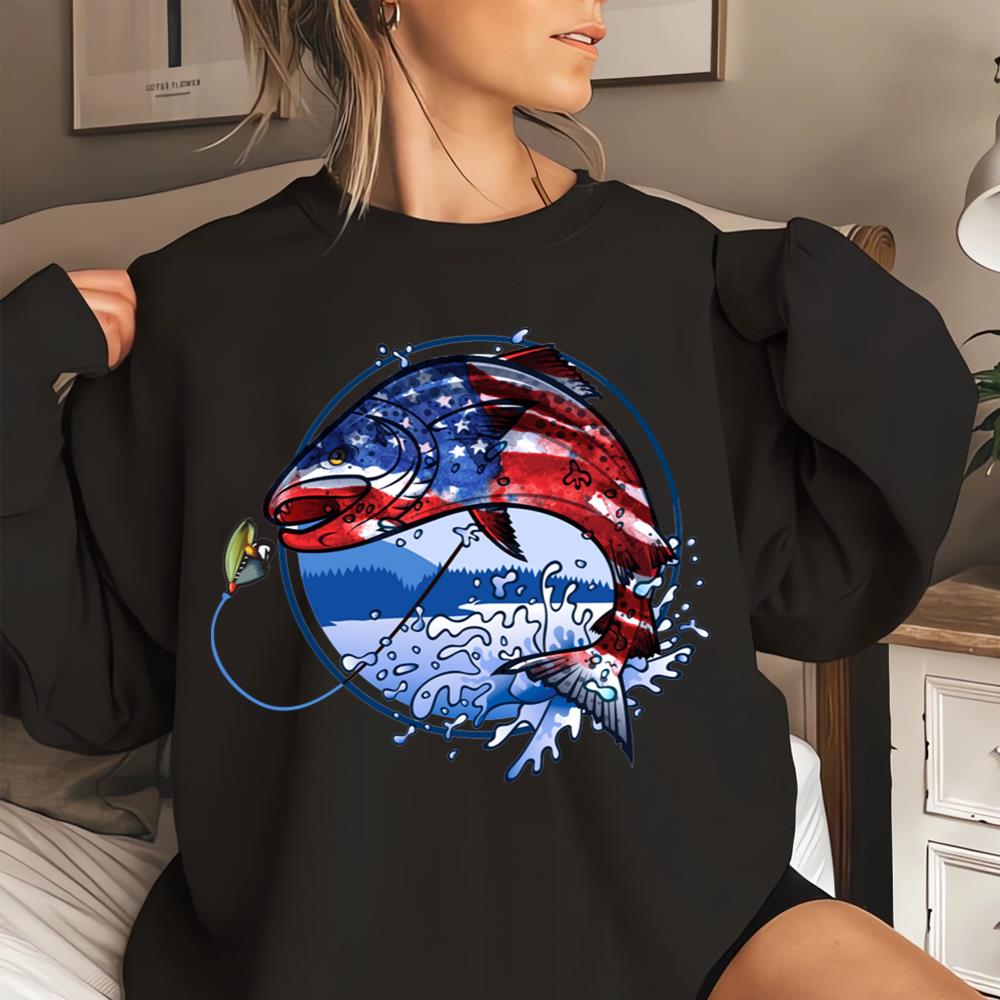 Bass Fishing 4th Of July Fathers Day American Flag T-Shirt