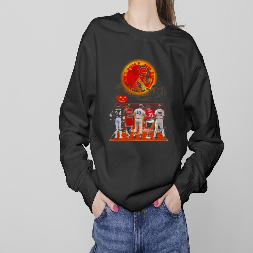 Chicago Cubs Bulls White Sox Bears And Blackhawks Halloween Signatures 2023 Shirt 4 Sweaters