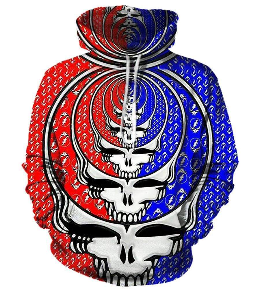 Funny Grateful Dead Hoodies - Pullover Red - Blue Skull 3D Hoodies