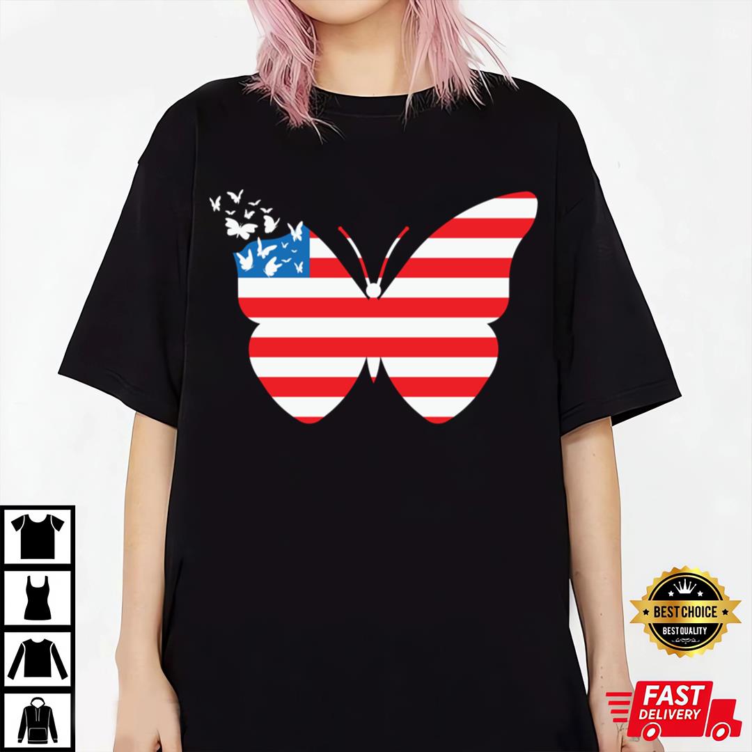 Butterfly USA Flag Cute 4th Of July T-Shirt