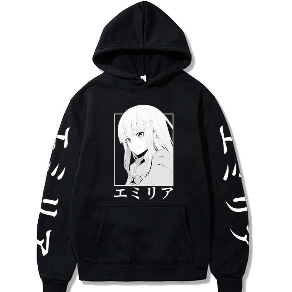 Japan Anime ReZero Hoodies Men Starting Life In Another World Emilia Graphic Sweatshirts Harajuku Cartoon Casual Pullover Tops