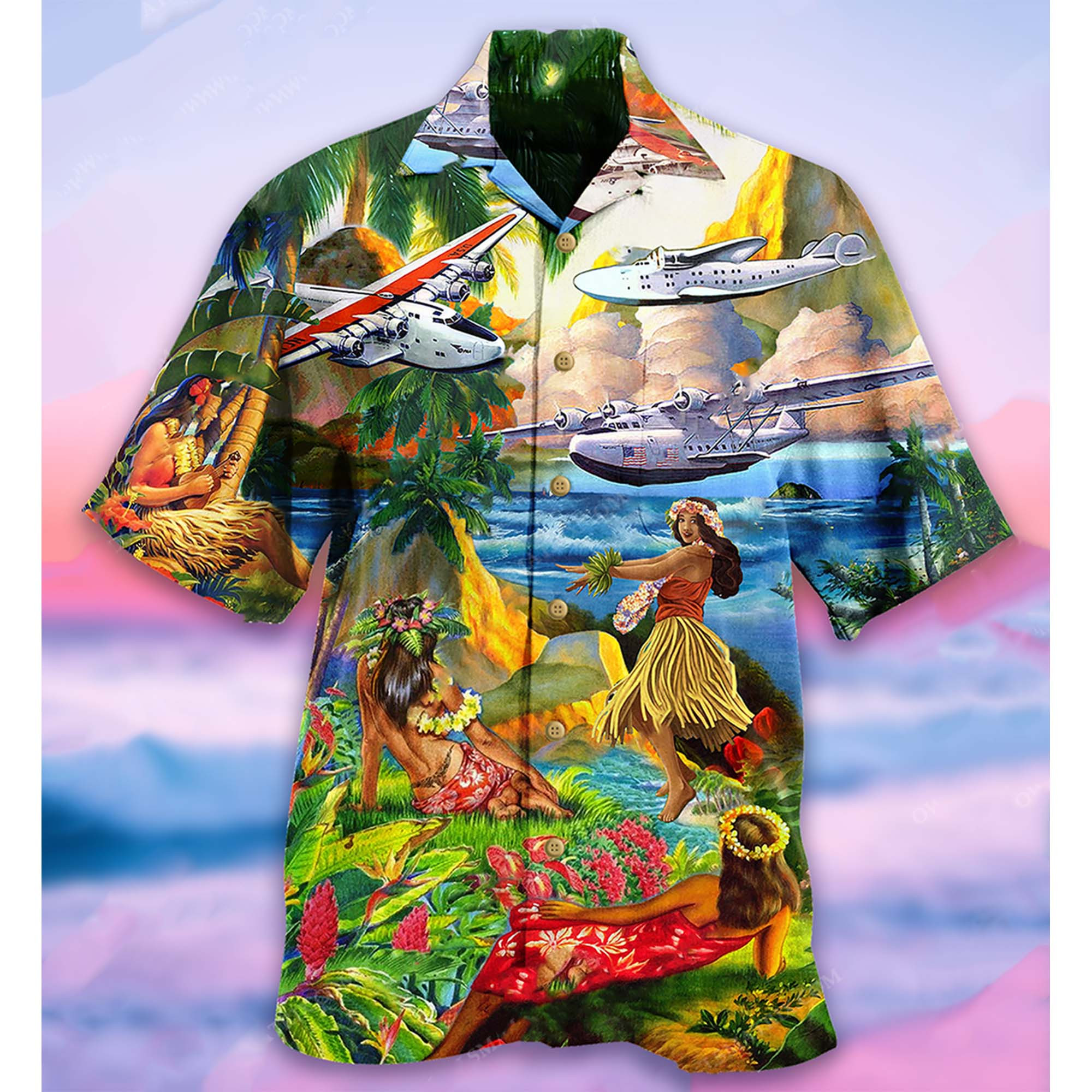 Airplane Love Hawaii Forever Tropical Hawaiian Aloha Shirts Dh