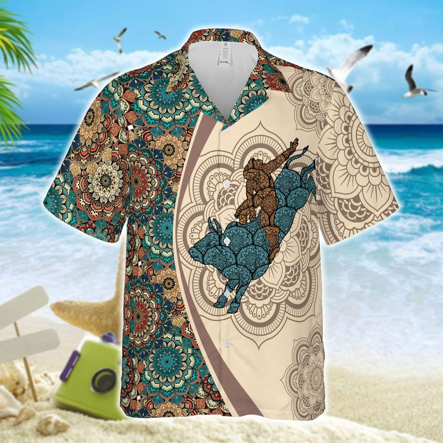 Amazing Bull Riding Brown Mandala Unisex Hawaiian Shirts - Beach Shorts 050721H