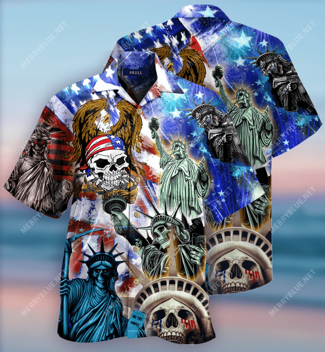 Amazing Eagle Skulls Lady Liberty Love Their Country Hawaiian Aloha Shirts V