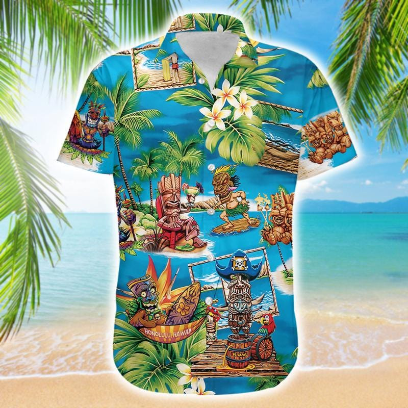 Amazing Tiki Surfing Enjoy Summer Blue Tropical Unisex Hawaiian Shirts