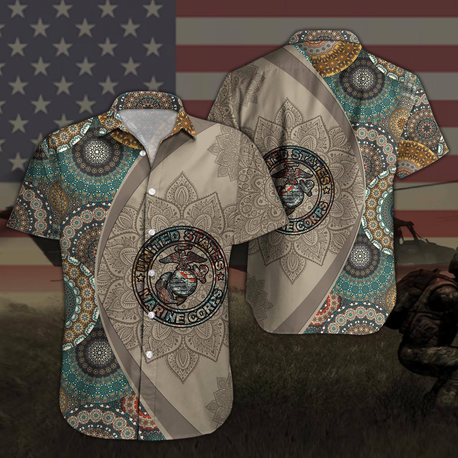 Amazing Us Marine Corps Mandala Brown Aloha Hawaiian Shirts