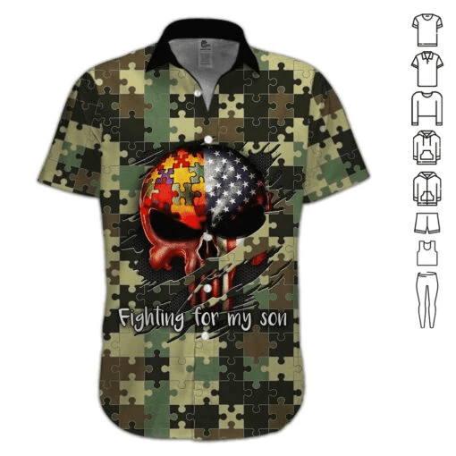 Autism Skull Fighting For My Son Hawaiian Aloha Shirt Va