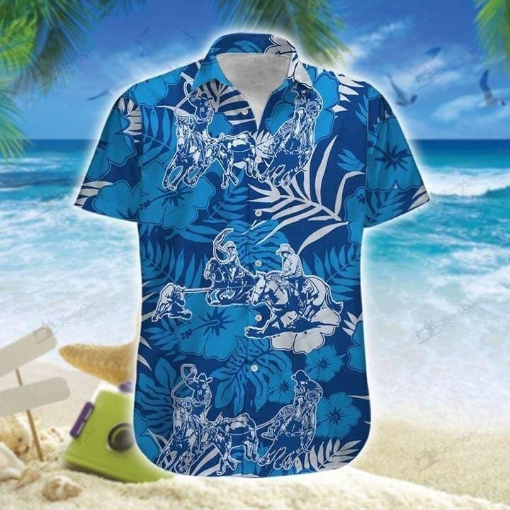 Awesome Team Roping Blue Tropical Pattern Unisex Hawaiian Shirts - Beach Shorts