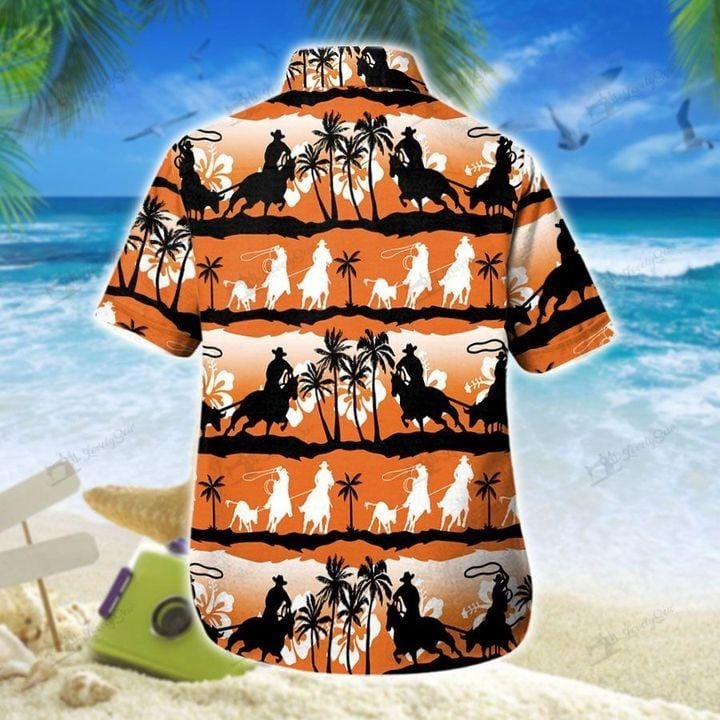 Awesome Team Roping In The Sunset Orange Palm Tree Pattern Unisex Hawaiian Shirts - Beach Shorts