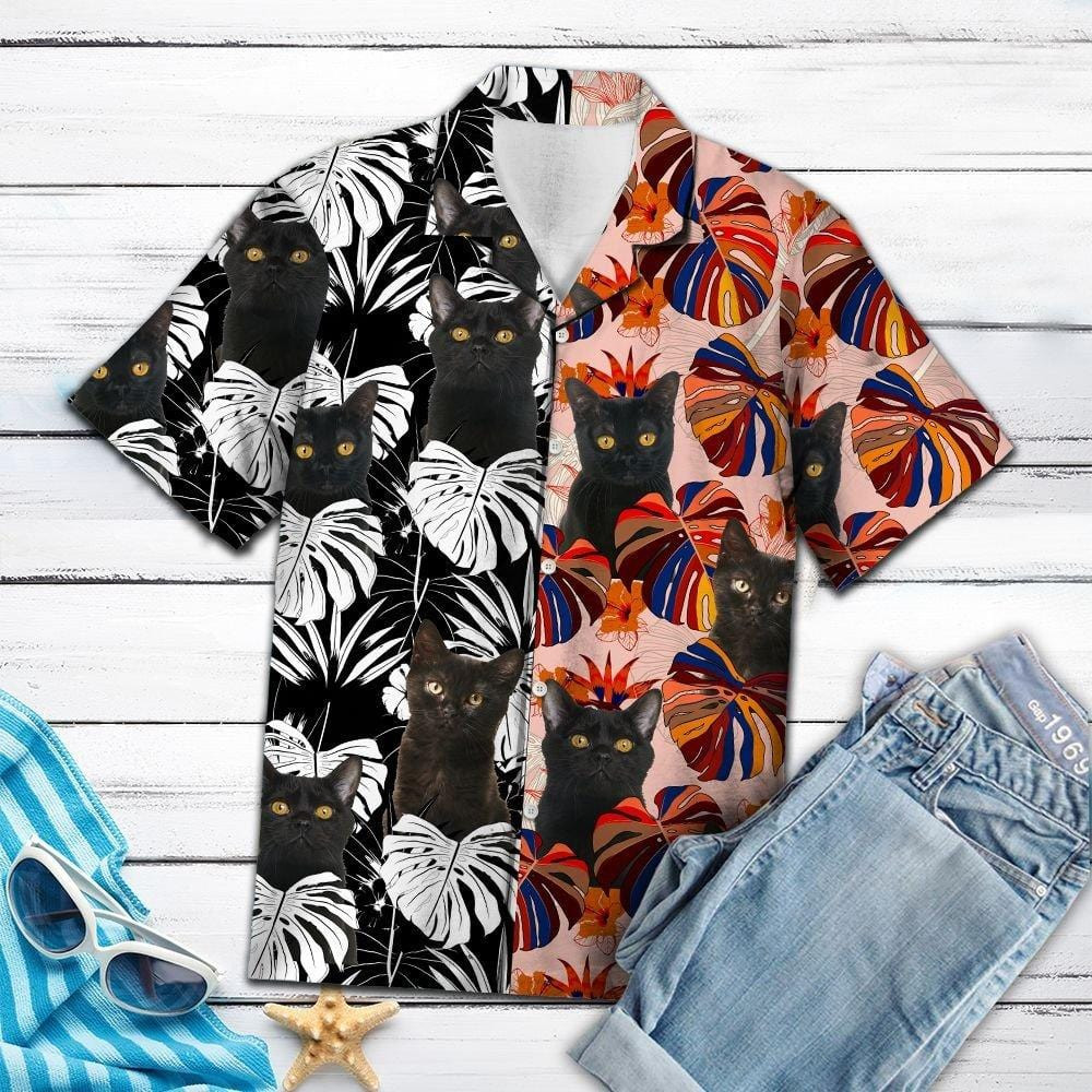 Black Cat And Floral Leaf Hawaiian Aloha Shirts