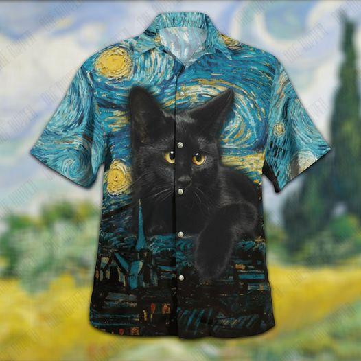 Black Cat Starry Night Van Gogh Halloween Unisex Hawaiian Shirts
