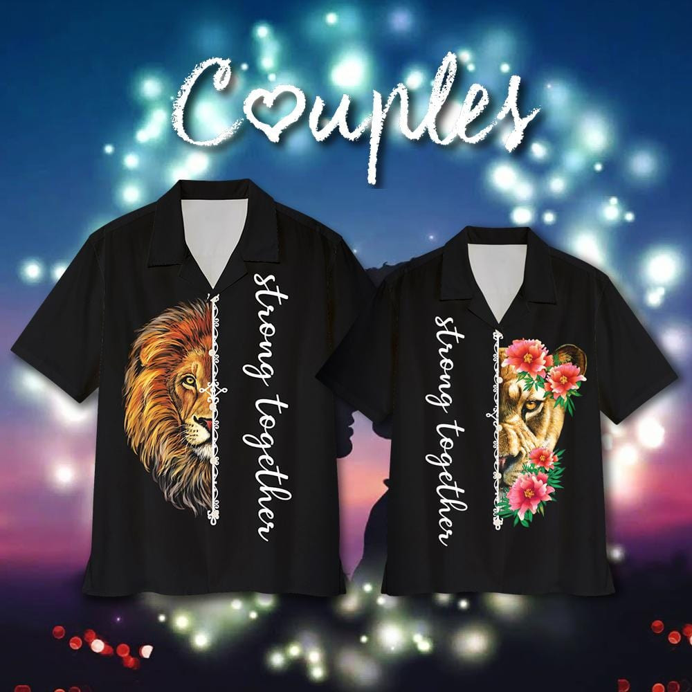 Black Pattern Lion Strong Together Couple Unisex Hawaiian Shirts