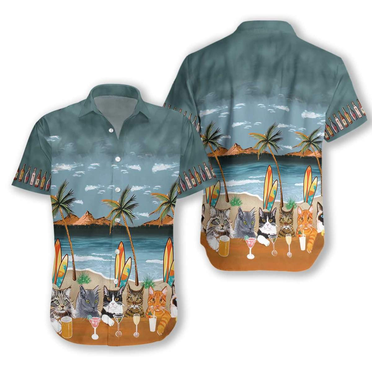 Cat Drinks Alcoholic At Beach Hawaiian Aloha Shirts