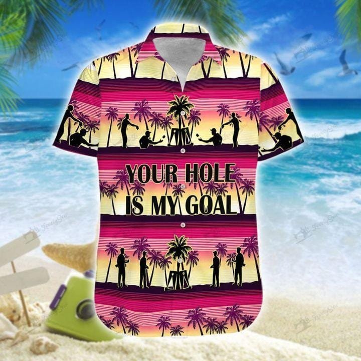 Cornhole - Your Hole Is My Goal Yellow Pink Coconut Tree Unisex Hawaiian Shirts - Beach Shorts