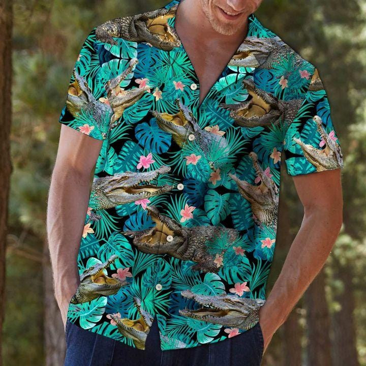 Crocodile Alligator Green Tropical Unisex Hawaiian Shirts