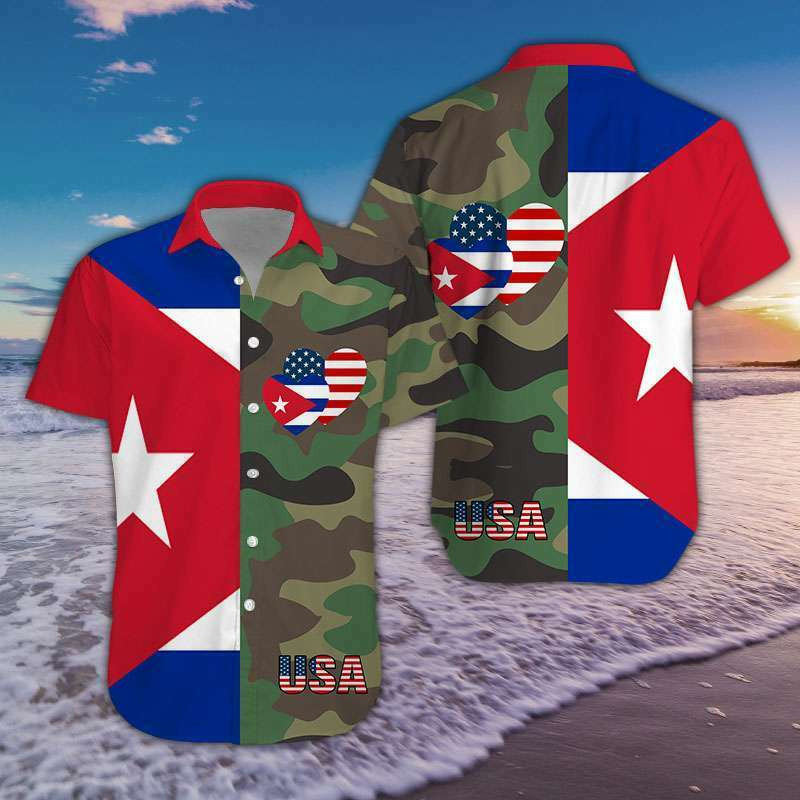Cuba And Usa Heart Flag Combine Camo Pattern Unisex Hawaiian Shirts