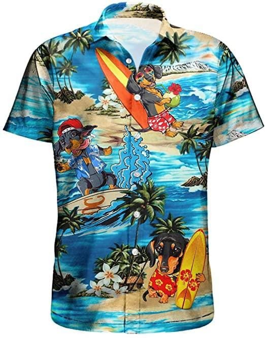 Dachshund Surfing On The Summer Beach Blue Unisex Hawaiian Shirts