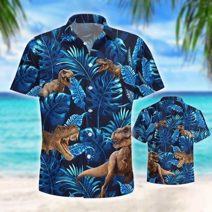Dinosaurs T-Rex Blue Tropical Hawaiian Aloha Shirts Dh