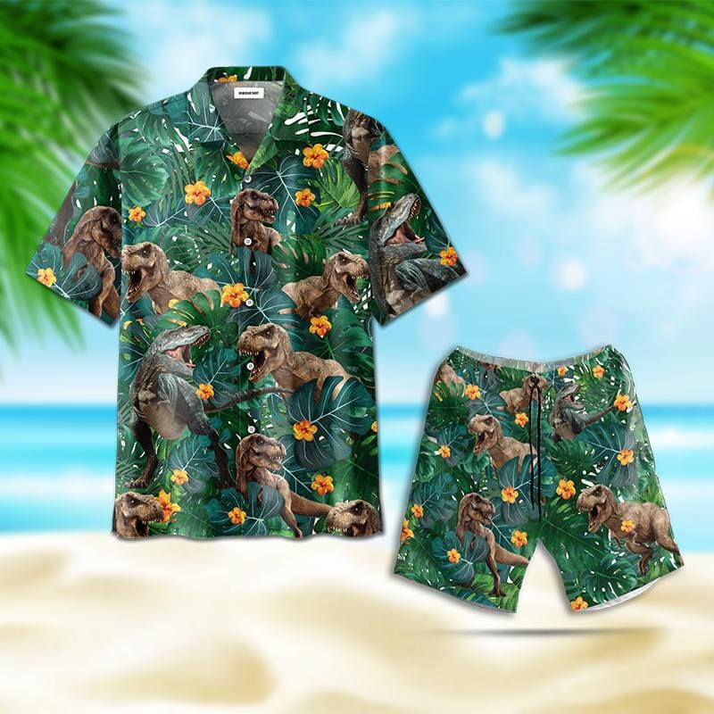Dinosaurs T-Rex Tropical Hawaiian Aloha Shirts Swim Trunks Beach Shorts