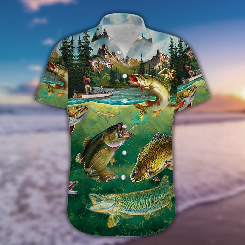 Fishing Green Hawaiian Aloha Shirts