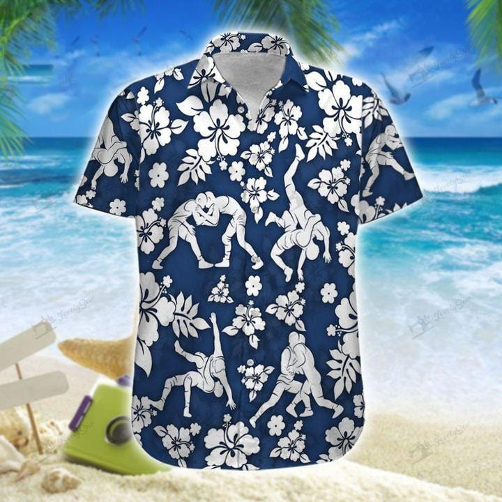 Free Hugs Wrestling Blue Hibiscus Pattern Unisex Hawaiian Shirts - Beach Shorts