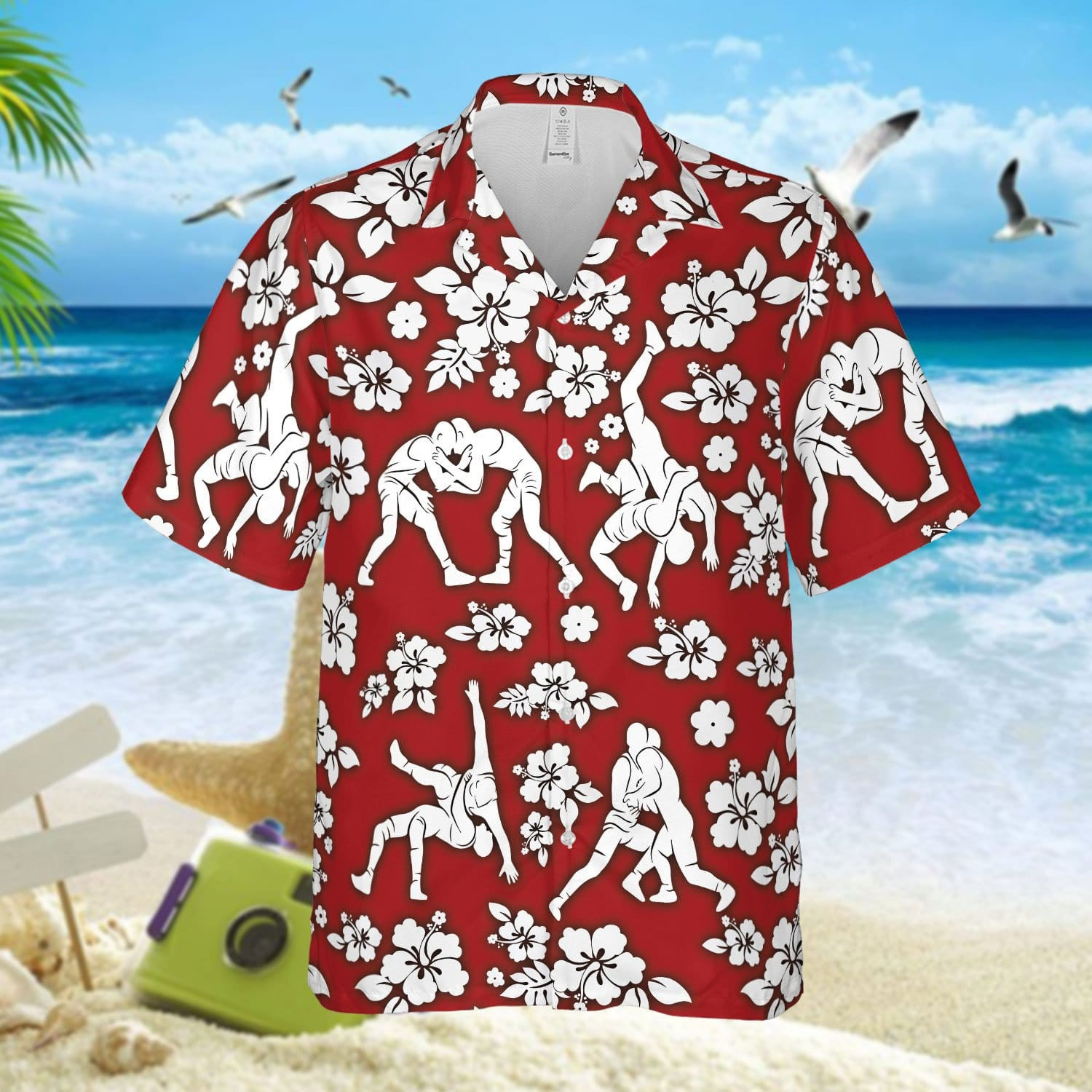 Free Hugs Wrestling Red Hibiscus Pattern Unisex Hawaiian Shirts - Beach Shorts 260721H
