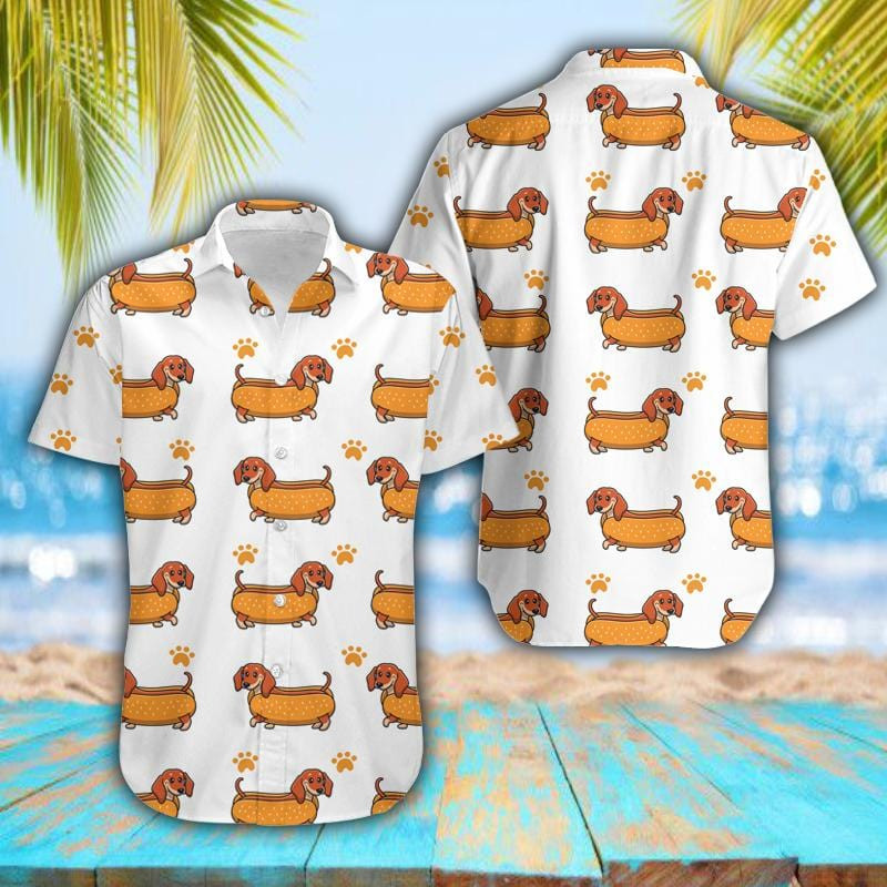 Funny Dachshund Hot Dog White Unisex Hawaiian Shirts