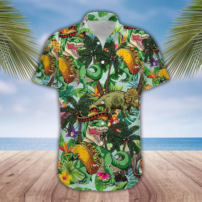 Funny Tacos T-Rex Green Unisex Hawaiian Shirts
