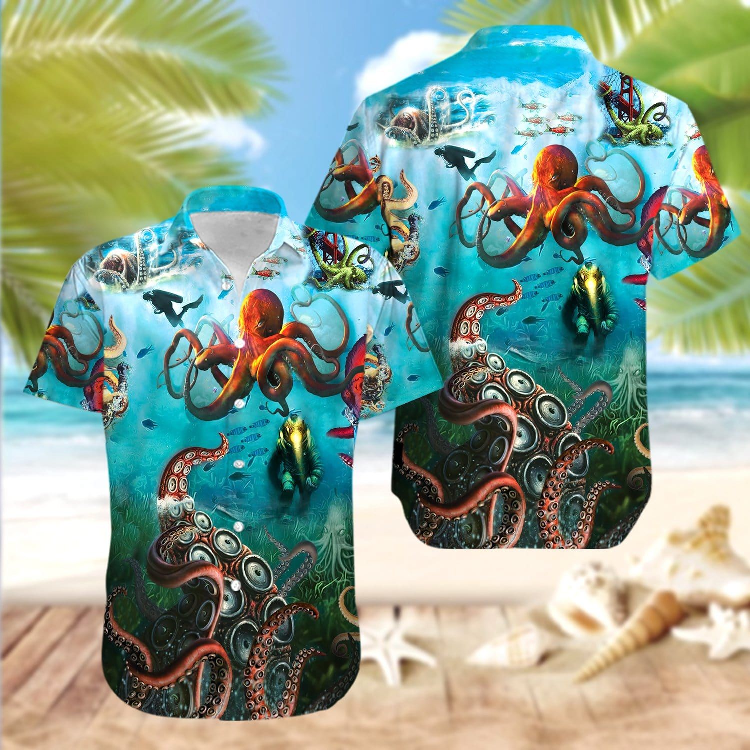 Giant Octopus And Diver Unisex Hawaiian Shirts
